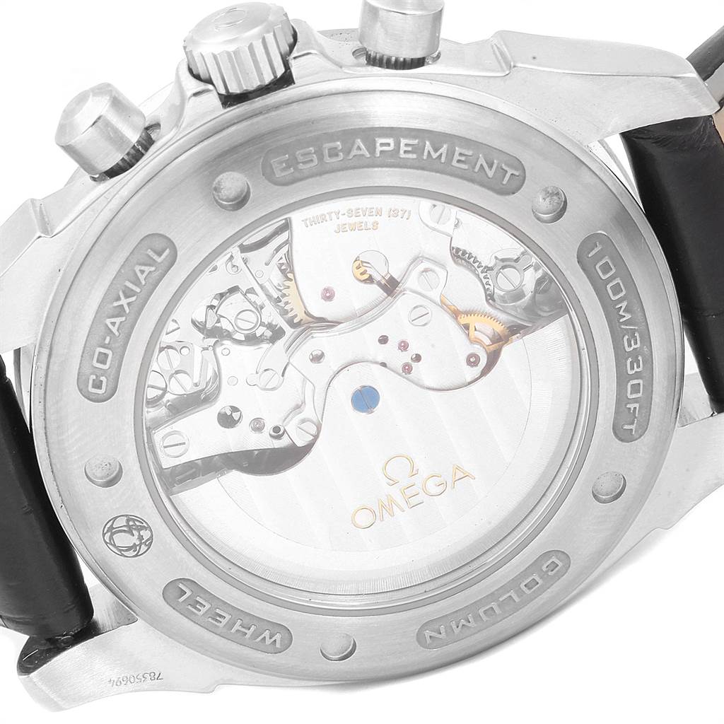 The image shows the back view of the Omega De Ville 4851.61.31 Men's Stainless Steel Red Dial 4851.61.31 Men's Stainless Steel Red Dial watch, highlighting its movement and engravings.