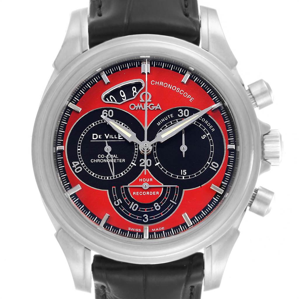 This image shows a front view of the Omega De Ville 4851.61.31 Men's Stainless Steel Red Dial 4851.61.31 Men's Stainless Steel Red Dial Chronoscope Co-Axial Chronometer watch, displaying its dial and side buttons.