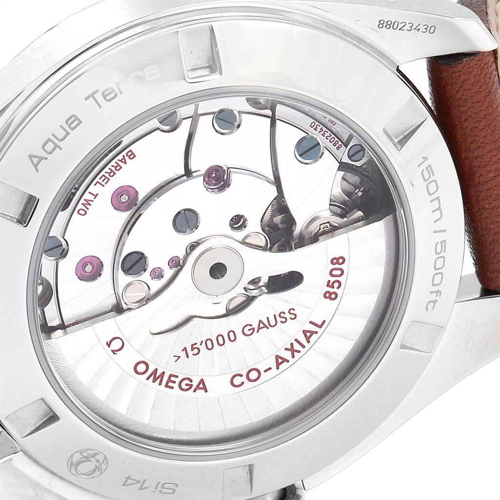 The image shows the back view of the Omega Aqua Terra 231.12.42.21.01.001 Men's Stainless Steel Black Dial 231.12.42.21.01.001 Men's Stainless Steel Black Dial watch, highlighting the Co-Axial movement and inner mechanical components.