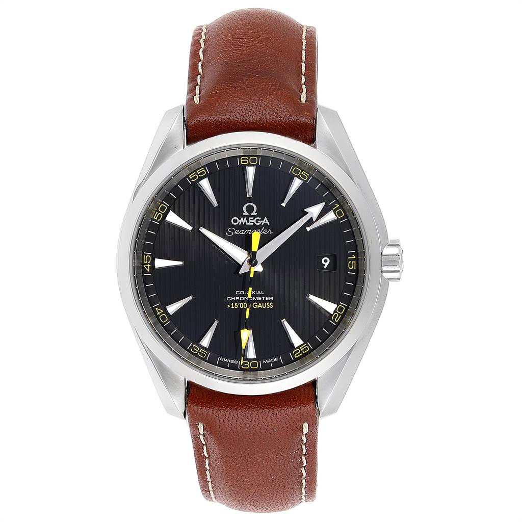 The image shows a front view of the Omega Aqua Terra 231.12.42.21.01.001 Men's Stainless Steel Black Dial 231.12.42.21.01.001 Men's Stainless Steel Black Dial model watch with a brown leather strap, black dial, and silver case.