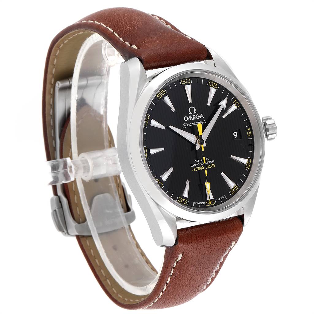 This image shows a side angle of the Omega Aqua Terra 231.12.42.21.01.001 Men's Stainless Steel Black Dial 231.12.42.21.01.001 Men's Stainless Steel Black Dial watch, showcasing its black dial, brown leather strap, and stainless steel case.