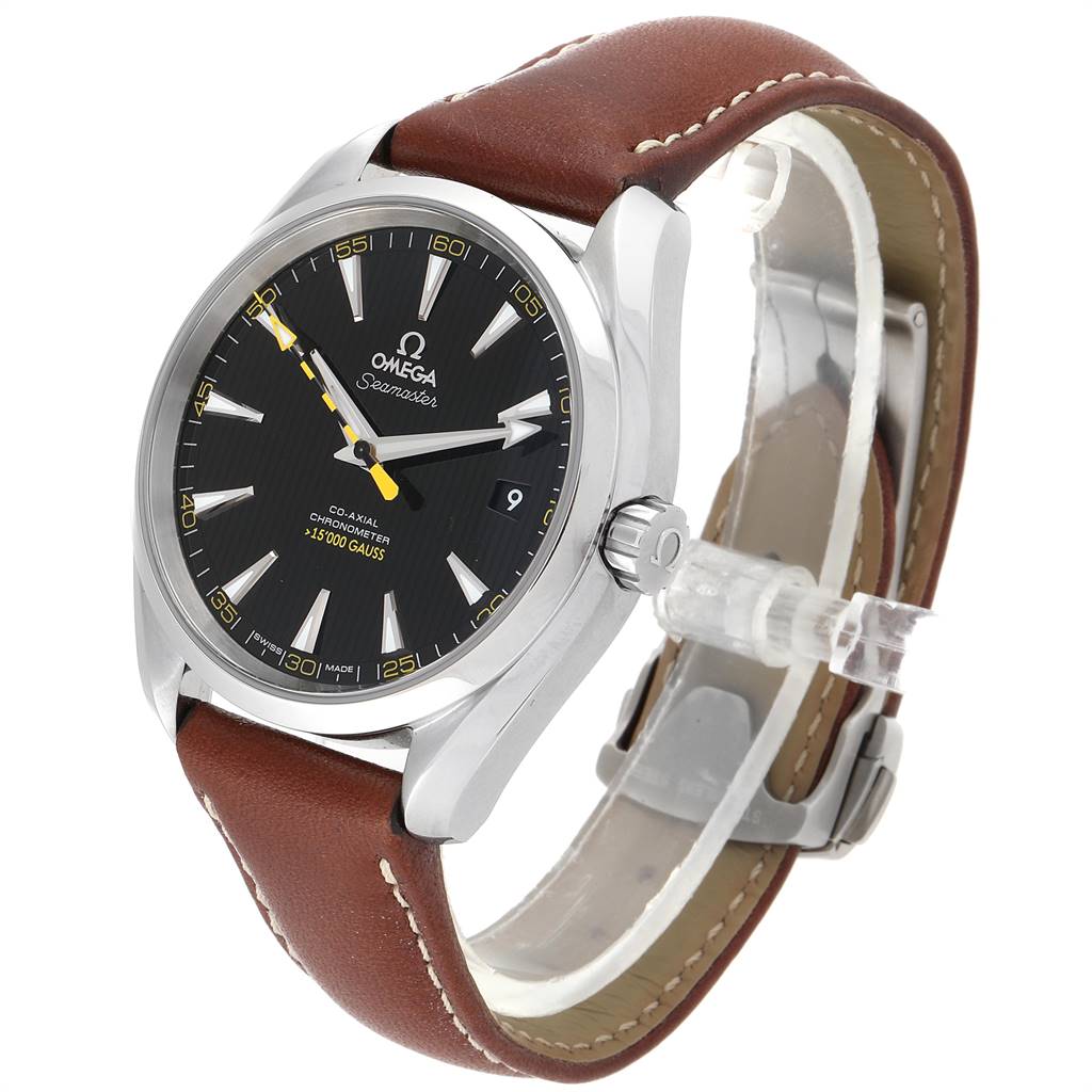 The Omega Aqua Terra 231.12.42.21.01.001 Men's Stainless Steel Black Dial 231.12.42.21.01.001 Men's Stainless Steel Black Dial watch is pictured at an angle showcasing the face, crown, and brown leather strap.