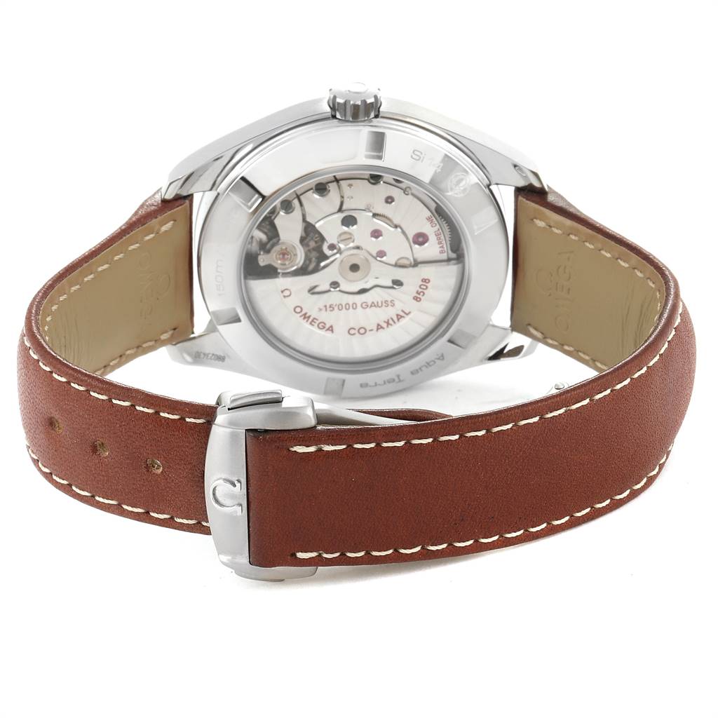 The image shows the back view of the Omega Aqua Terra 231.12.42.21.01.001 Men's Stainless Steel Black Dial 231.12.42.21.01.001 Men's Stainless Steel Black Dial watch, highlighting its brown leather strap and the visible movement through the case back.