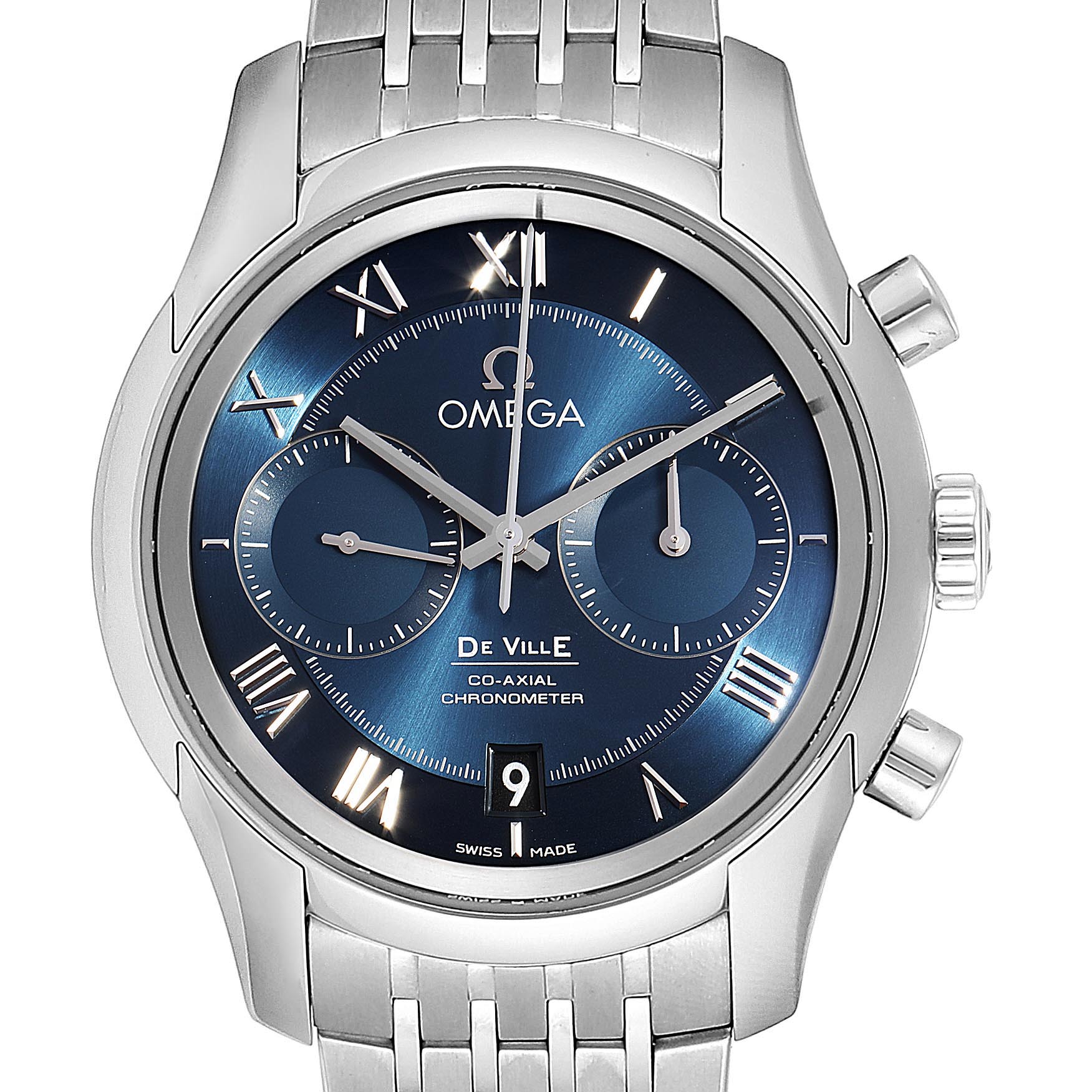 The image shows a front view of the Omega De Ville 431.10.42.51.03.001 Men's Stainless Steel Blue Dial 431.10.42.51.03.001 Men's Stainless Steel Blue Dial watch, displaying its dial, hands, subdials, pushers, and part of its metal bracelet.