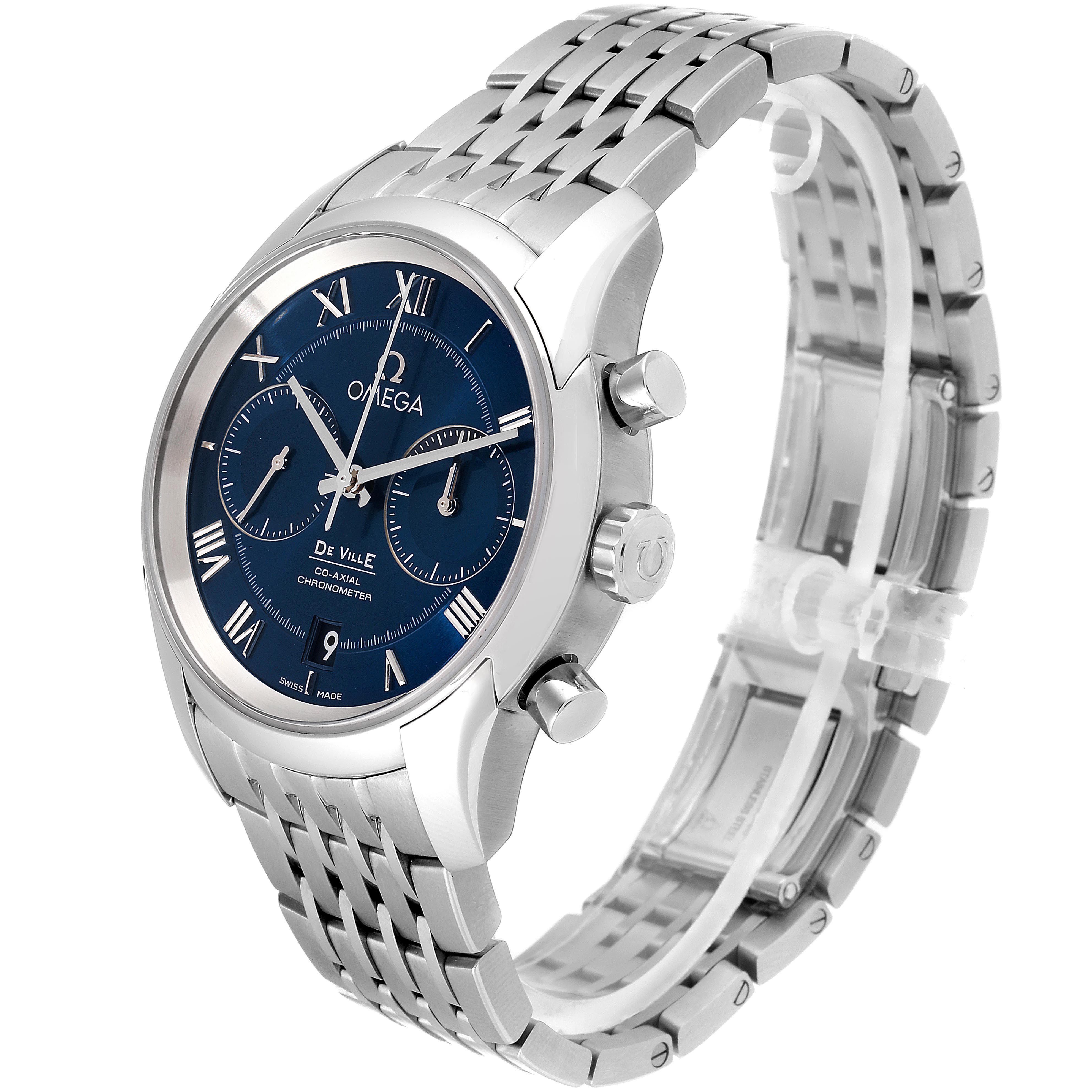 The image shows an angled front and side view of the Omega De Ville 431.10.42.51.03.001 Men's Stainless Steel Blue Dial 431.10.42.51.03.001 Men's Stainless Steel Blue Dial watch, highlighting its face, dial, bezel, and bracelet.