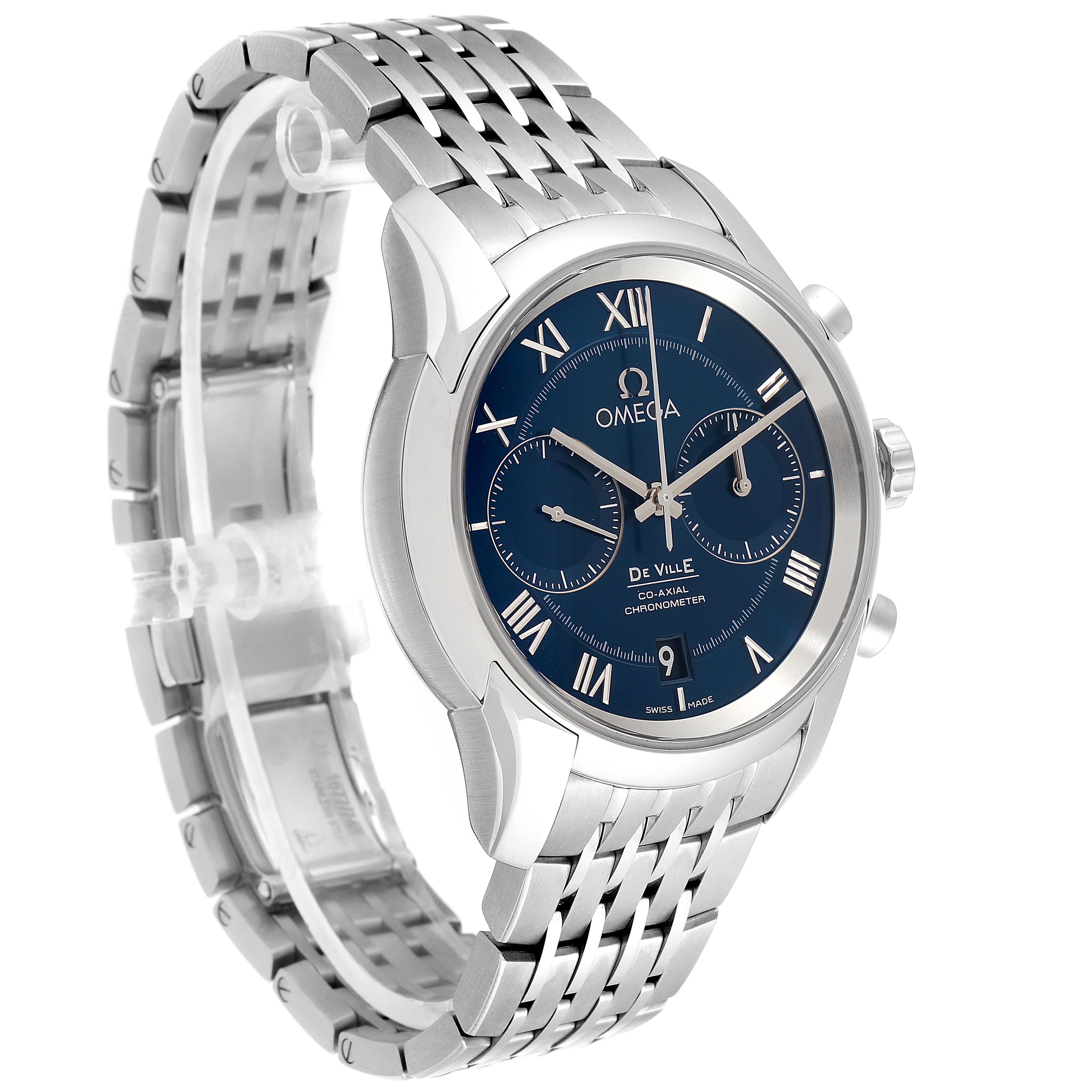 This Omega De Ville 431.10.42.51.03.001 Men's Stainless Steel Blue Dial 431.10.42.51.03.001 Men's Stainless Steel Blue Dial watch is shown at a three-quarter angle, displaying its blue dial, metal bracelet, and chronograph subdials.