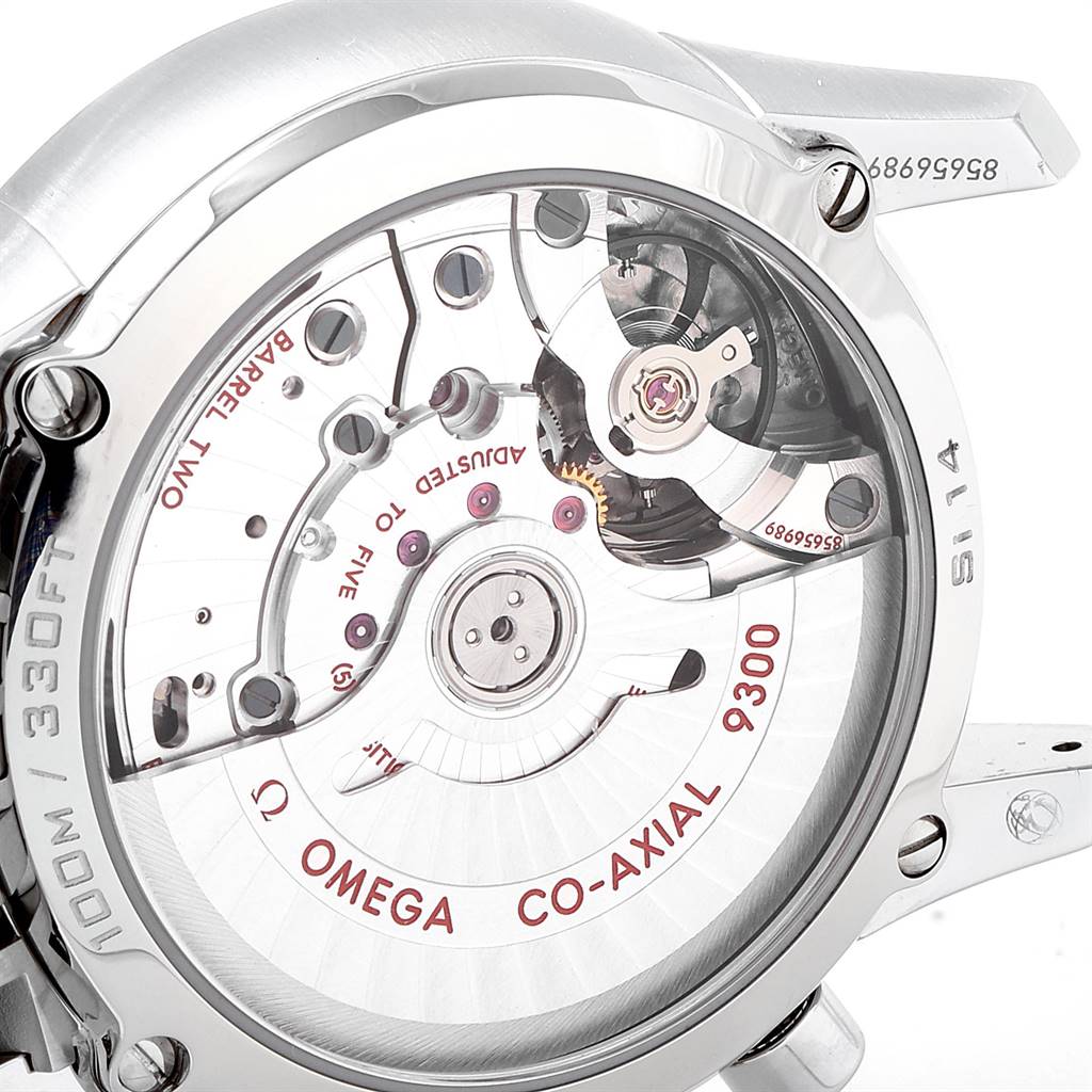 The image shows the back view of the Omega De Ville 431.10.42.51.03.001 Men's Stainless Steel Blue Dial 431.10.42.51.03.001 Men's Stainless Steel Blue Dial watch, highlighting its Co-Axial 9300 movement.