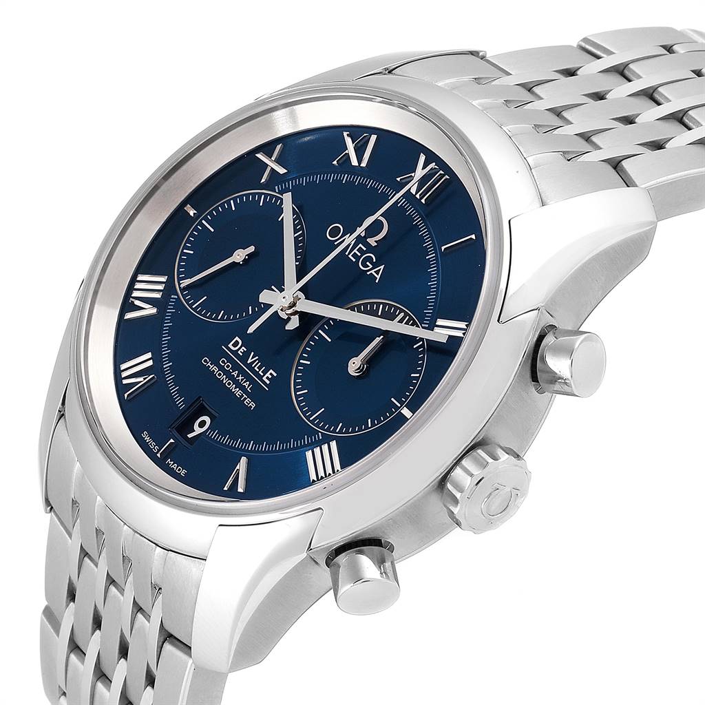 The image shows an Omega De Ville 431.10.42.51.03.001 Men's Stainless Steel Blue Dial 431.10.42.51.03.001 Men's Stainless Steel Blue Dial watch with a side angle view, highlighting the dial, crown, pushers, and metal bracelet.