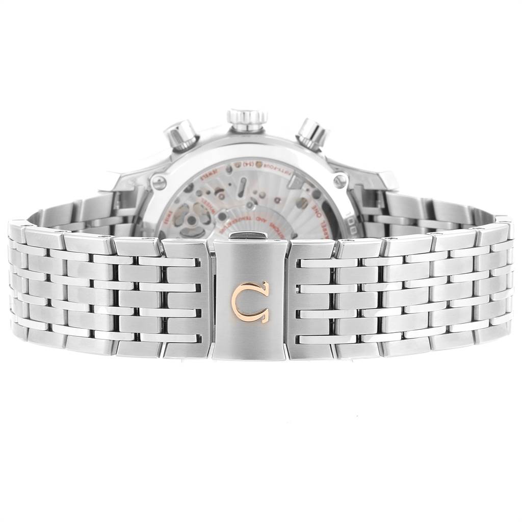 The image shows the rear view of the Omega De Ville 431.10.42.51.03.001 Men's Stainless Steel Blue Dial 431.10.42.51.03.001 Men's Stainless Steel Blue Dial model, focusing on its metallic bracelet and transparent case back.