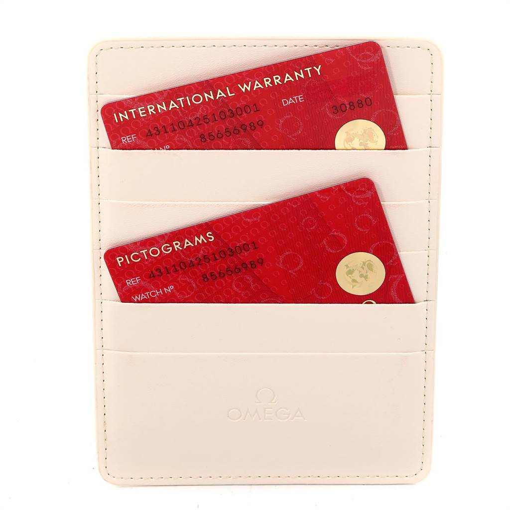 The image shows the Omega De Ville 431.10.42.51.03.001 Men's Stainless Steel Blue Dial 431.10.42.51.03.001 Men's Stainless Steel Blue Dial watch's international warranty and pictograms cards in a white cardholder.