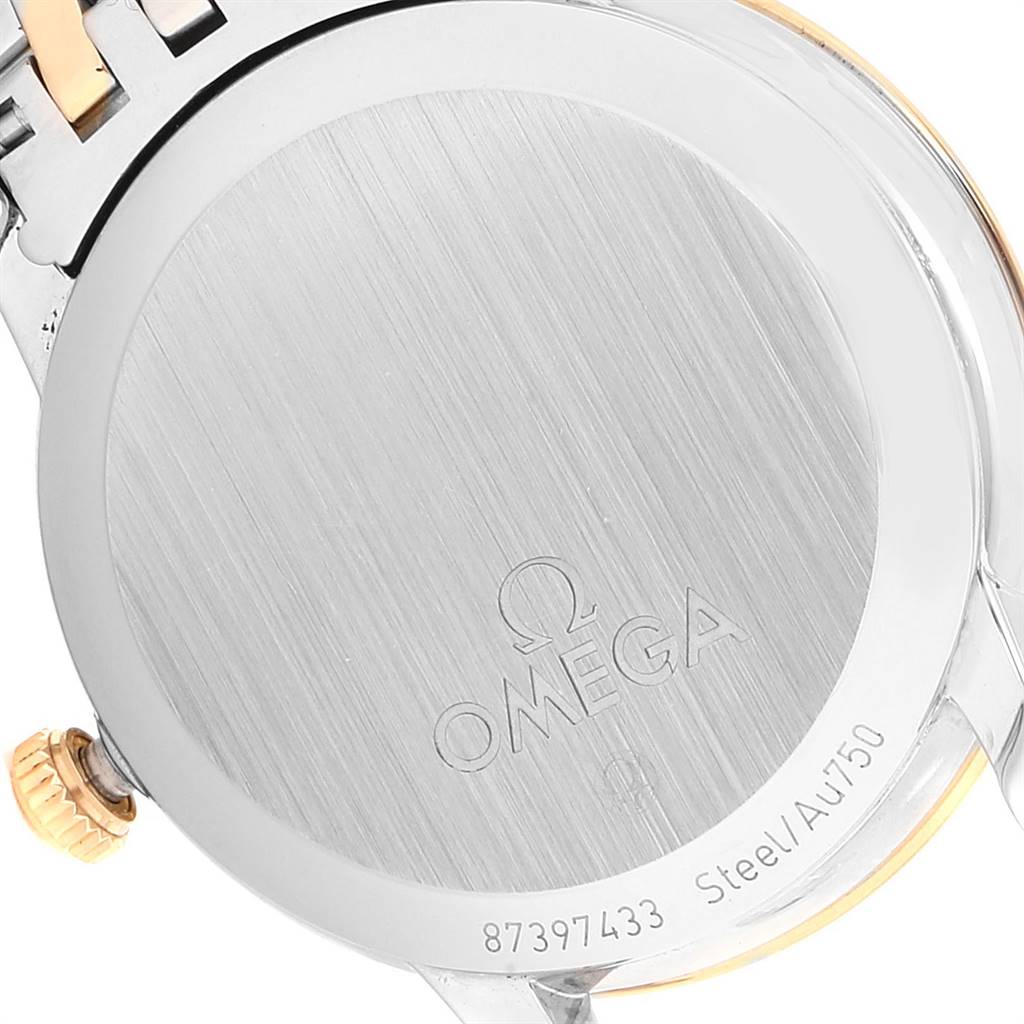 The image shows the case back and part of the bracelet of the Omega De Ville 424.20.33.20.05.001 Men's Steel and Gold (two tone) Mother of Pearl Dial 424.20.33.20.05.001 Men's Steel and Gold (two tone) Mother of Pearl Dial model watch.