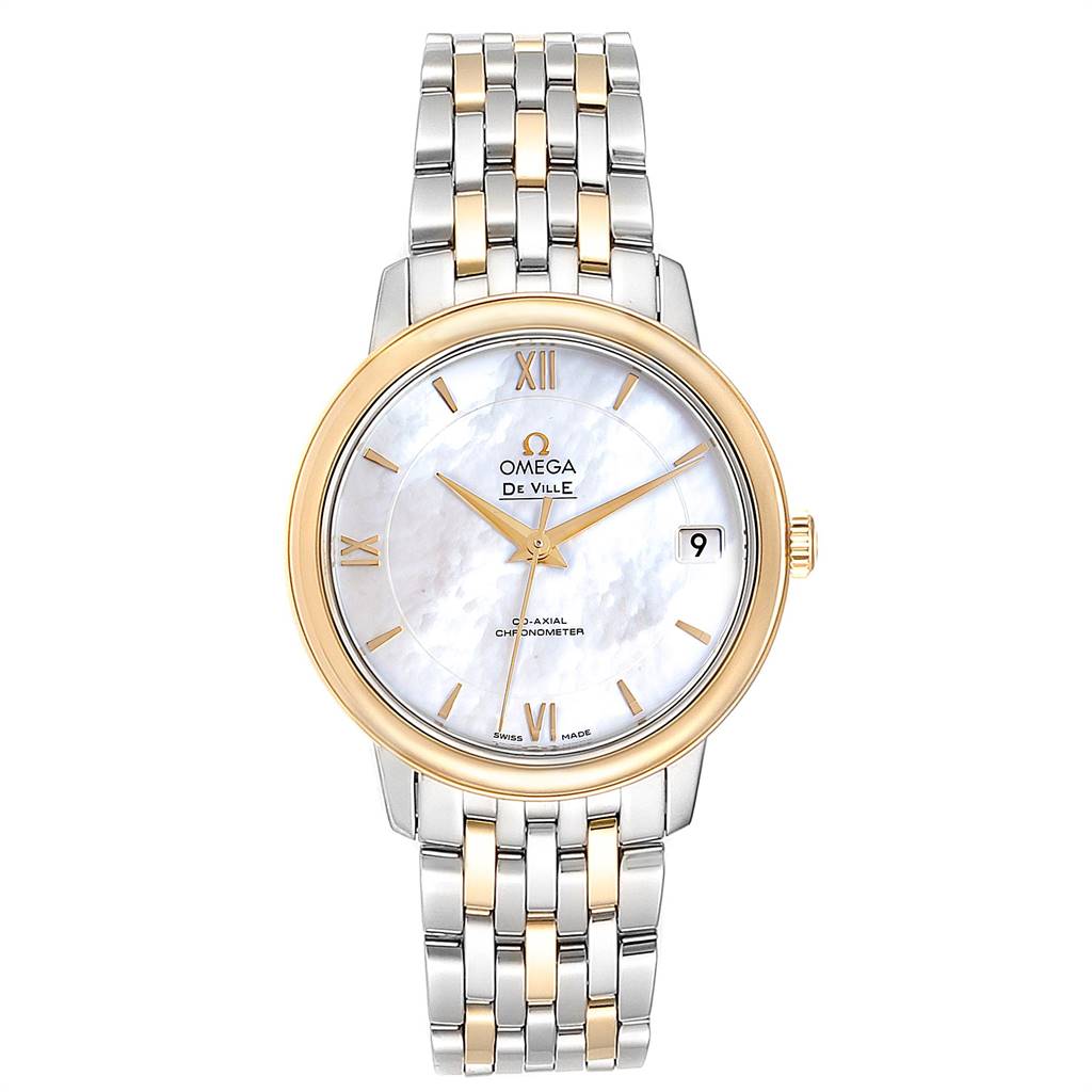 The image shows a front view of the Omega De Ville 424.20.33.20.05.001 Men's Steel and Gold (two tone) Mother of Pearl Dial 424.20.33.20.05.001 Men's Steel and Gold (two tone) Mother of Pearl Dial watch, displaying its face and two-tone metal bracelet.