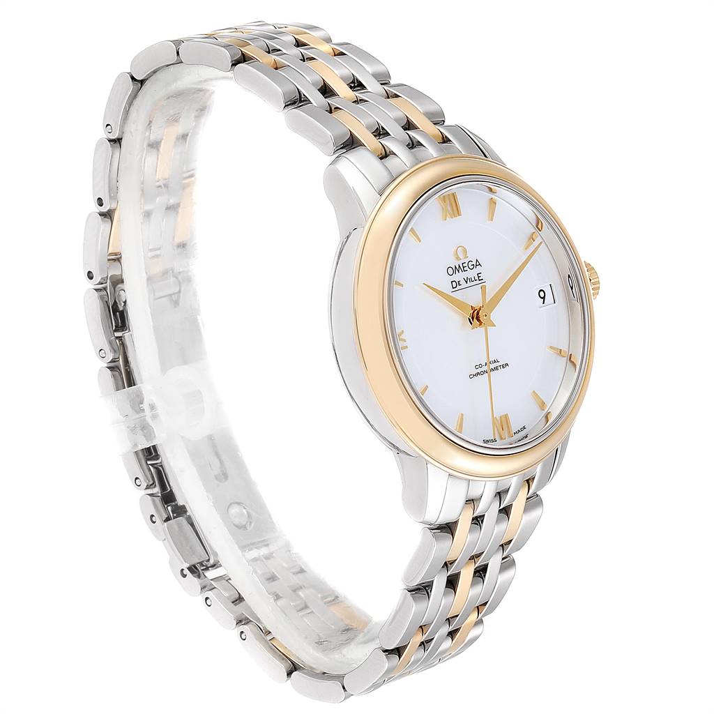 The image shows a three-quarter angle of an Omega De Ville 424.20.33.20.05.001 Men's Steel and Gold (two tone) Mother of Pearl Dial 424.20.33.20.05.001 Men's Steel and Gold (two tone) Mother of Pearl Dial watch, highlighting the face, bezel, and the two-tone bracelet.