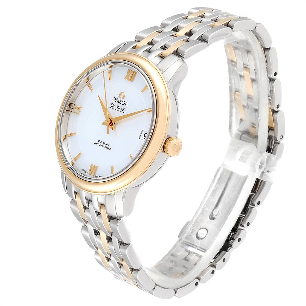 The Omega De Ville 424.20.33.20.05.001 Men's Steel and Gold (two tone) Mother of Pearl Dial 424.20.33.20.05.001 Men's Steel and Gold (two tone) Mother of Pearl Dial watch is shown at an angle displaying the face, crown, and two-tone metal bracelet.