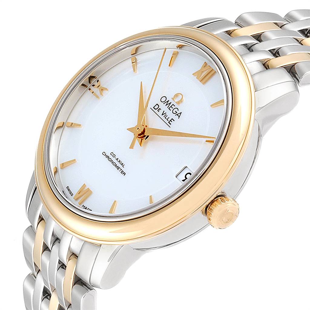 The Omega De Ville 424.20.33.20.05.001 Men's Steel and Gold (two tone) Mother of Pearl Dial 424.20.33.20.05.001 Men's Steel and Gold (two tone) Mother of Pearl Dial watch is shown at an angled view, highlighting its face, crown, and part of the bracelet.
