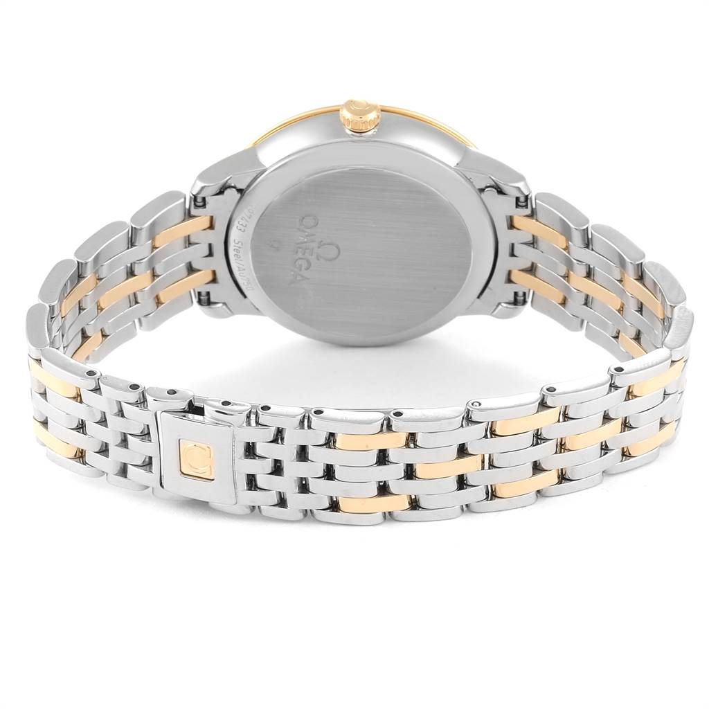 This image shows the back and bracelet of an Omega De Ville 424.20.33.20.05.001 Men's Steel and Gold (two tone) Mother of Pearl Dial 424.20.33.20.05.001 Men's Steel and Gold (two tone) Mother of Pearl Dial watch at a slightly tilted angle.