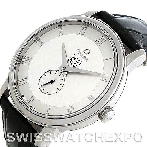 This image shows a side angle view of the Omega De Ville 4813.30.01 Men's Stainless Steel Silver Dial 4813.30.01 Men's Stainless Steel Silver Dial watch, highlighting the face, crown, and part of the black leather strap.