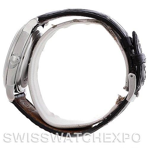 The image shows a side view of an Omega De Ville 4813.30.01 Men's Stainless Steel Silver Dial 4813.30.01 Men's Stainless Steel Silver Dial watch with its crown, case, and leather strap visible.