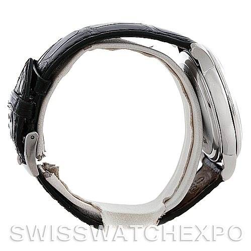 This image shows a side profile of an Omega De Ville 4813.30.01 Men's Stainless Steel Silver Dial 4813.30.01 Men's Stainless Steel Silver Dial watch, showcasing its case and black leather strap.