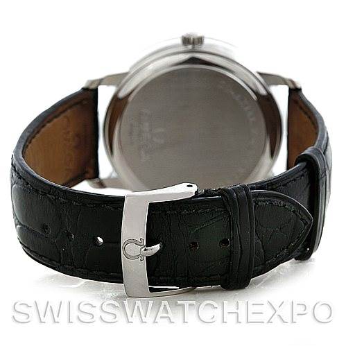 This image shows the back view of an Omega De Ville 4813.30.01 Men's Stainless Steel Silver Dial 4813.30.01 Men's Stainless Steel Silver Dial watch, focusing on the clasp and leather strap.