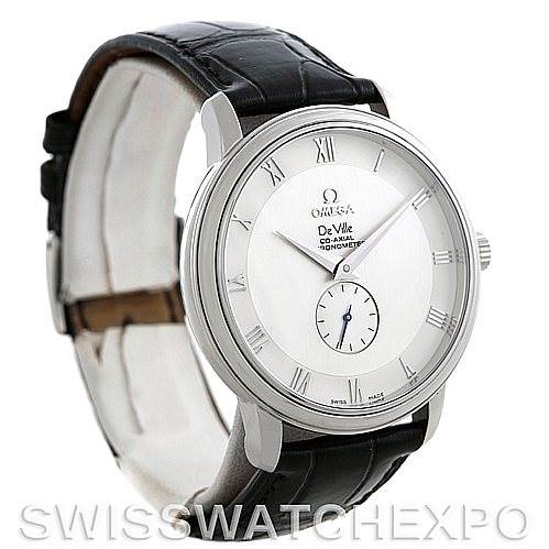 The image shows an angled front view of the Omega De Ville 4813.30.01 Men's Stainless Steel Silver Dial 4813.30.01 Men's Stainless Steel Silver Dial watch, highlighting its Roman numeral dial, small second sub-dial, and black leather strap.