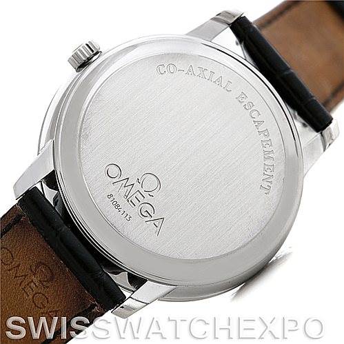 This image shows the back case of an Omega De Ville 4813.30.01 Men's Stainless Steel Silver Dial 4813.30.01 Men's Stainless Steel Silver Dial watch, highlighting the "Co-Axial Escapement" inscription.