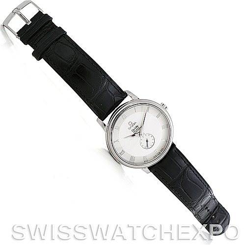 The Omega De Ville 4813.30.01 Men's Stainless Steel Silver Dial 4813.30.01 Men's Stainless Steel Silver Dial watch is shown at a slight angle displaying its face and black leather strap.