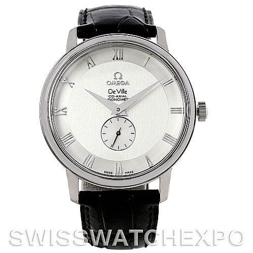 The image shows a front view of the Omega De Ville 4813.30.01 Men's Stainless Steel Silver Dial 4813.30.01 Men's Stainless Steel Silver Dial watch, displaying its face, hands, silver bezel, and black leather strap.