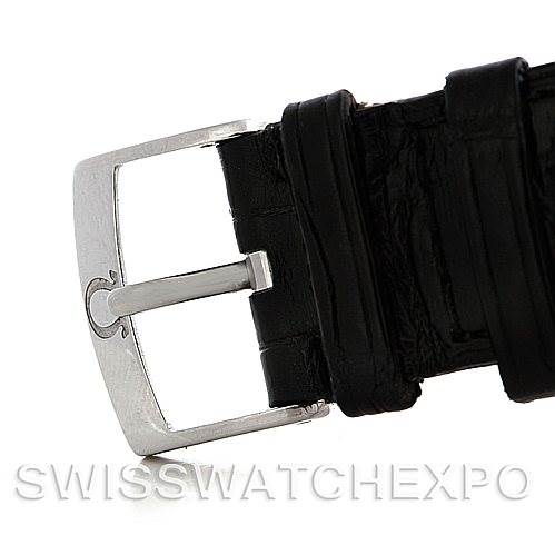 The image shows a close-up of the buckle and leather strap of an Omega De Ville 4813.30.01 Men's Stainless Steel Silver Dial 4813.30.01 Men's Stainless Steel Silver Dial watch, viewed from the side.