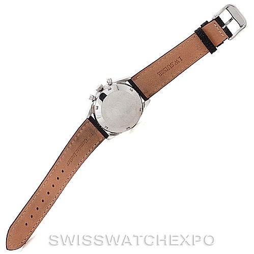 The image shows the back case and leather strap of an Omega De Ville Men's Stainless Steel Silver Dial Men's Stainless Steel Silver Dial watch laid flat.