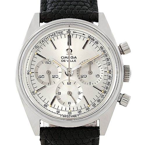 The image shows a frontal view of an Omega De Ville Men's Stainless Steel Silver Dial Men's Stainless Steel Silver Dial watch, highlighting the face, chronograph subdials, and side buttons.