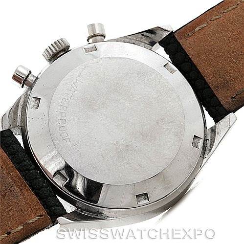 The image displays the back view of an Omega De Ville Men's Stainless Steel Silver Dial Men's Stainless Steel Silver Dial watch, showing the case back, pushers, and part of the leather strap.