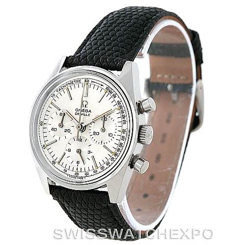 The image shows an Omega De Ville Men's Stainless Steel Silver Dial Men's Stainless Steel Silver Dial watch, angled to display the dial, tachymeter, pushers, and black leather strap.