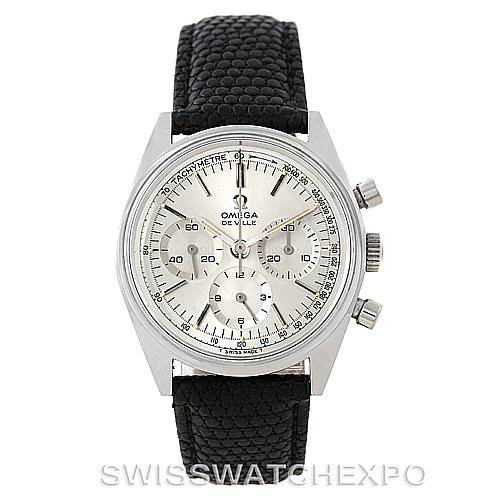 This image shows a front view of an Omega De Ville Men's Stainless Steel Silver Dial Men's Stainless Steel Silver Dial watch, displaying its dial, case, and strap.