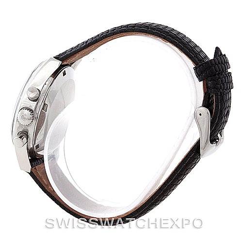 This image shows the side view of the Omega De Ville Men's Stainless Steel Silver Dial Men's Stainless Steel Silver Dial watch, highlighting the case, crown, pushers, and leather strap.