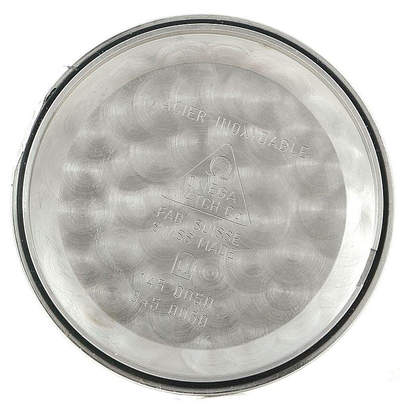 This image shows the inside of the case back for an Omega De Ville Men's Stainless Steel White Dial Men's Stainless Steel White Dial watch, highlighting branding and model details.