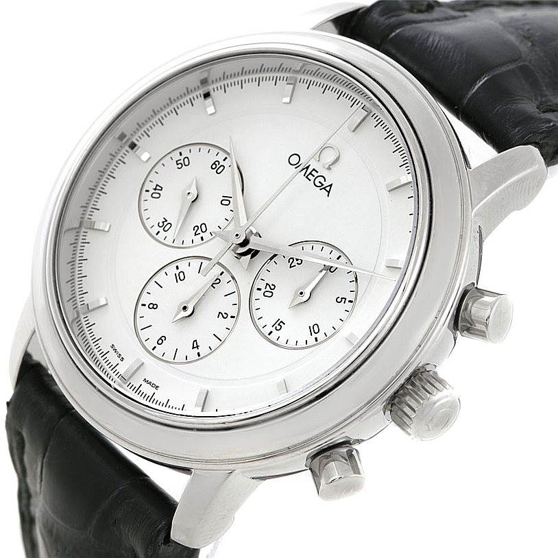 The image shows a frontal and slightly angled view of the dial and side buttons of an Omega De Ville Men's Stainless Steel White Dial Men's Stainless Steel White Dial watch.