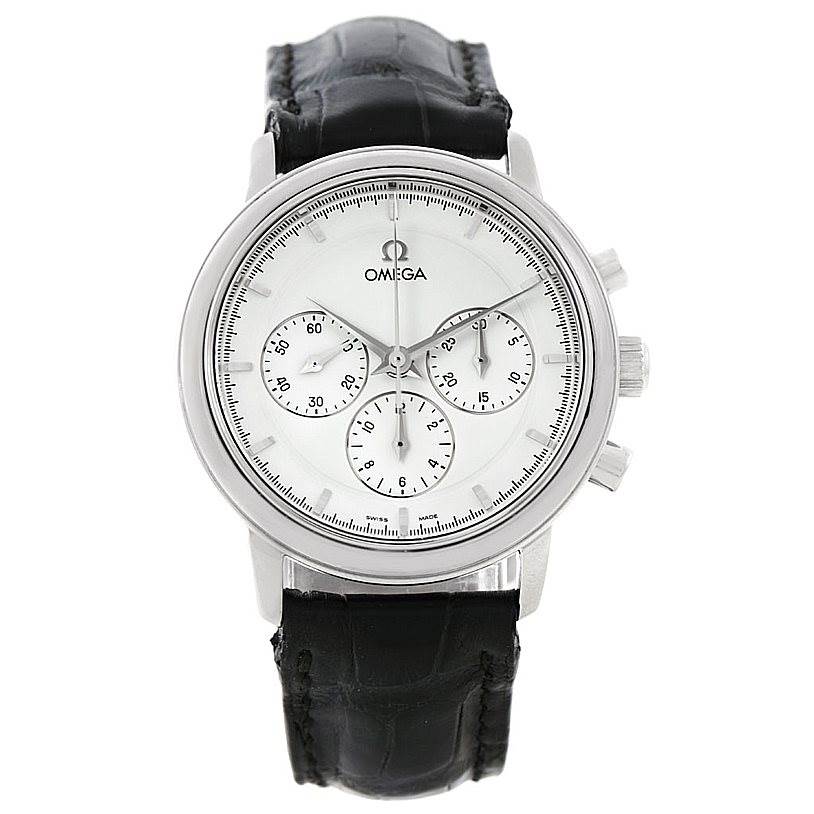 The image shows a front view of an Omega De Ville Men's Stainless Steel White Dial Men's Stainless Steel White Dial watch displaying its face, three sub-dials, and leather strap.