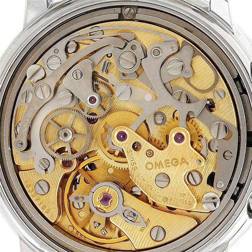 This image shows the intricate movement and internal components of an Omega De Ville Men's Stainless Steel White Dial Men's Stainless Steel White Dial watch from a close-up rear angle.