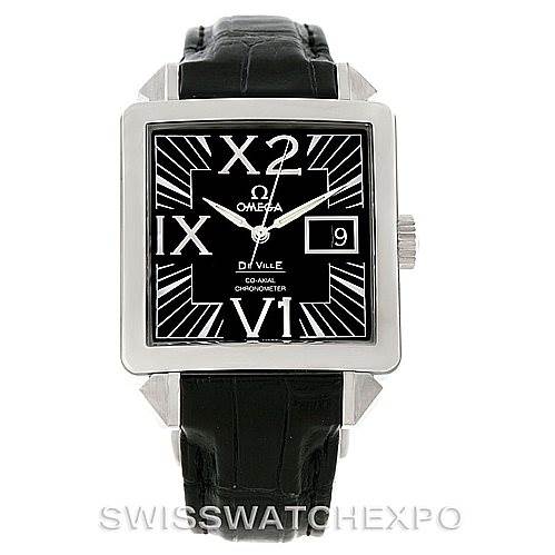 This image shows a frontal view of an Omega De Ville 7813.50.31 Men's Stainless Steel Black Dial 7813.50.31 Men's Stainless Steel Black Dial watch, highlighting its black square dial, Roman numerals, date window, and black leather strap.