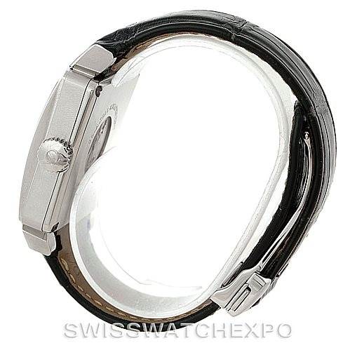 The image shows a side view of the Omega De Ville 7813.50.31 Men's Stainless Steel Black Dial 7813.50.31 Men's Stainless Steel Black Dial watch focusing on its case, crown, and black leather strap.