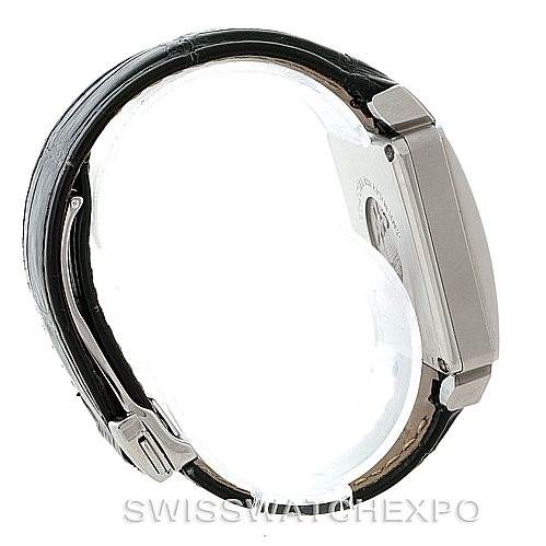 This image shows a side view of the Omega De Ville 7813.50.31 Men's Stainless Steel Black Dial 7813.50.31 Men's Stainless Steel Black Dial watch, highlighting its case, lugs, and leather strap.