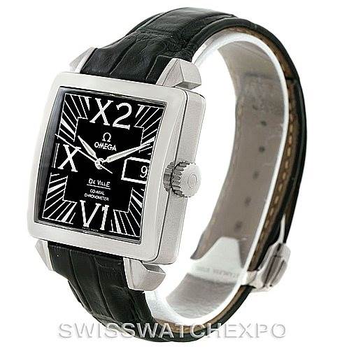 This image shows an Omega De Ville 7813.50.31 Men's Stainless Steel Black Dial 7813.50.31 Men's Stainless Steel Black Dial watch from a side angle, highlighting its square face, crown, and black leather strap.