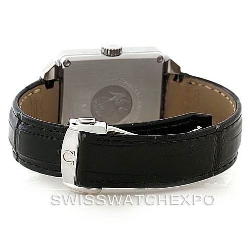 The image shows the back of an Omega De Ville 7813.50.31 Men's Stainless Steel Black Dial 7813.50.31 Men's Stainless Steel Black Dial watch, focusing on the case back and leather strap with a deployment clasp.