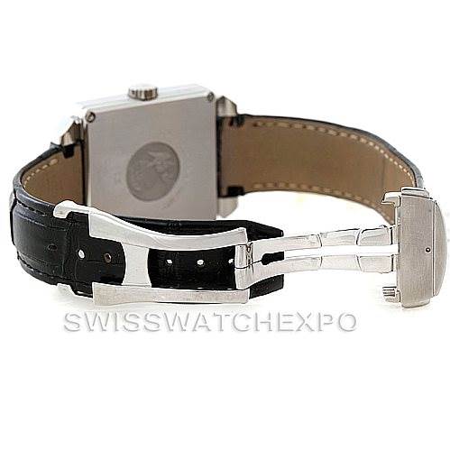 This image shows the back view of an Omega De Ville 7813.50.31 Men's Stainless Steel Black Dial 7813.50.31 Men's Stainless Steel Black Dial watch, highlighting its clasp and leather strap.