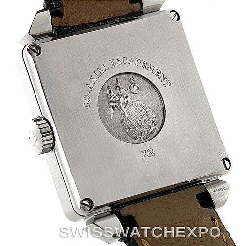 This image shows the back casing and strap of an Omega De Ville 7813.50.31 Men's Stainless Steel Black Dial 7813.50.31 Men's Stainless Steel Black Dial watch, highlighting the "Co-Axial Escapement" engraving.