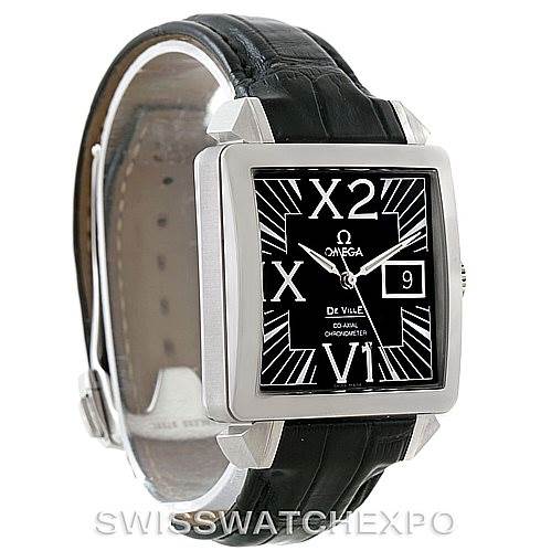 This Omega De Ville 7813.50.31 Men's Stainless Steel Black Dial 7813.50.31 Men's Stainless Steel Black Dial watch is shown at a 3/4 angle displaying its square face and black leather strap.