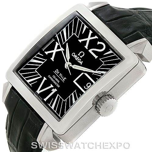 The image shows an angled view of an Omega De Ville 7813.50.31 Men's Stainless Steel Black Dial 7813.50.31 Men's Stainless Steel Black Dial watch, highlighting its rectangular face, crown, and part of the leather strap.