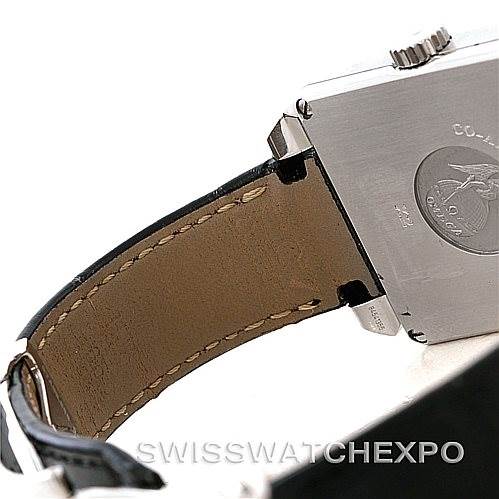 The image shows the side view of an Omega De Ville 7813.50.31 Men's Stainless Steel Black Dial 7813.50.31 Men's Stainless Steel Black Dial watch, focusing on the leather strap and part of the caseback.