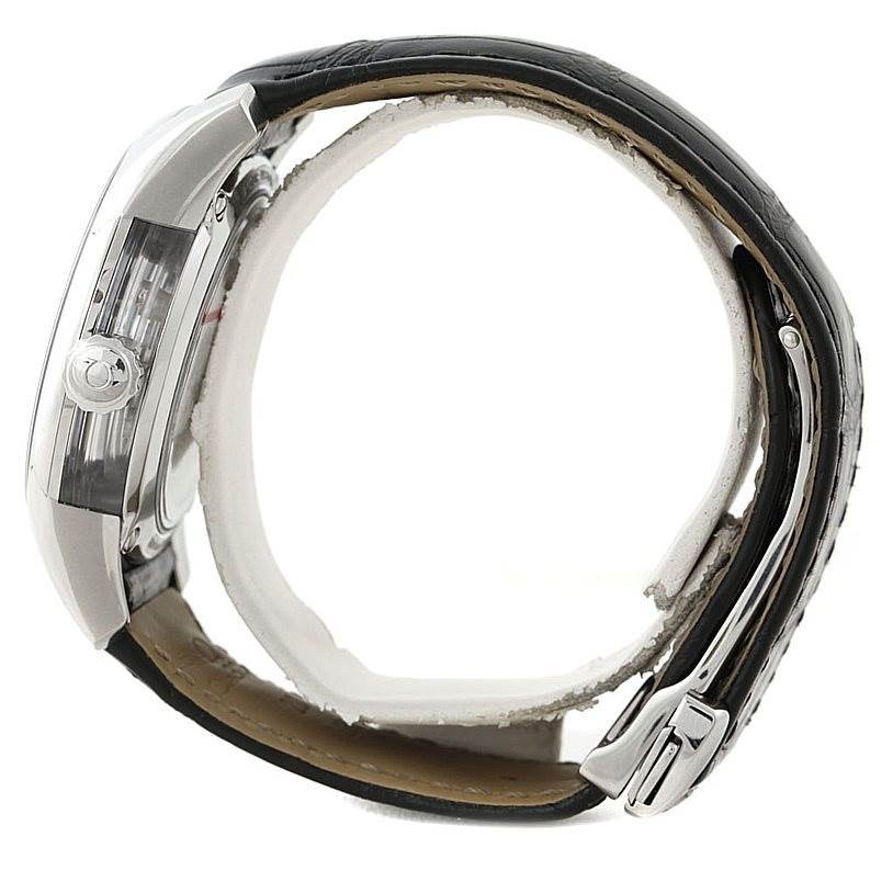 Side view of the Omega De Ville 431.33.41.21.03.001 Men
s Stainless Steel Blue Dial 431.33.41.21.03.001 Men
s Stainless Steel Blue Dial watch showing the case, crown, and partially the leather strap and buckle.